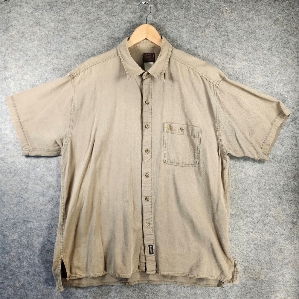 Duxbak Mens XL Short Sleeve Button Up Shirt Tan Khaki Textured‎ Knit Hunting